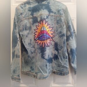Stone Wash Denim Jacket with Sequins Flying saucer  Patch